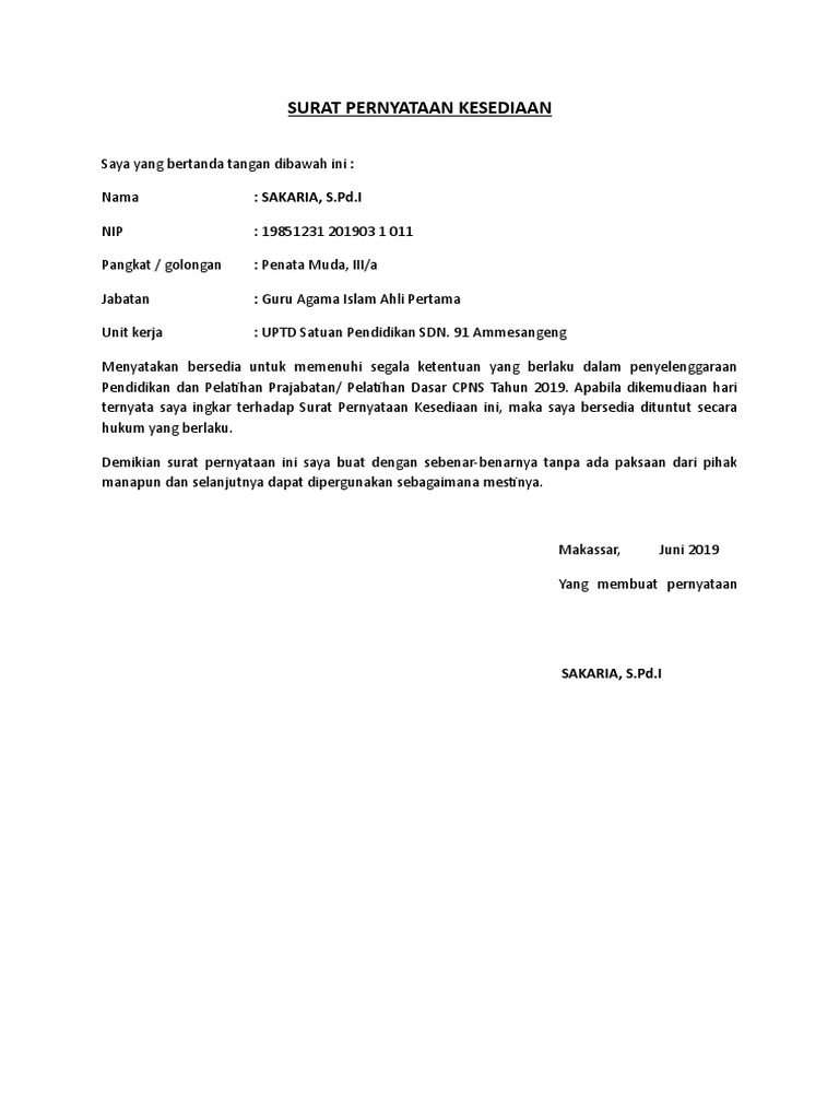 Surat Pernyataan Kesediaan
