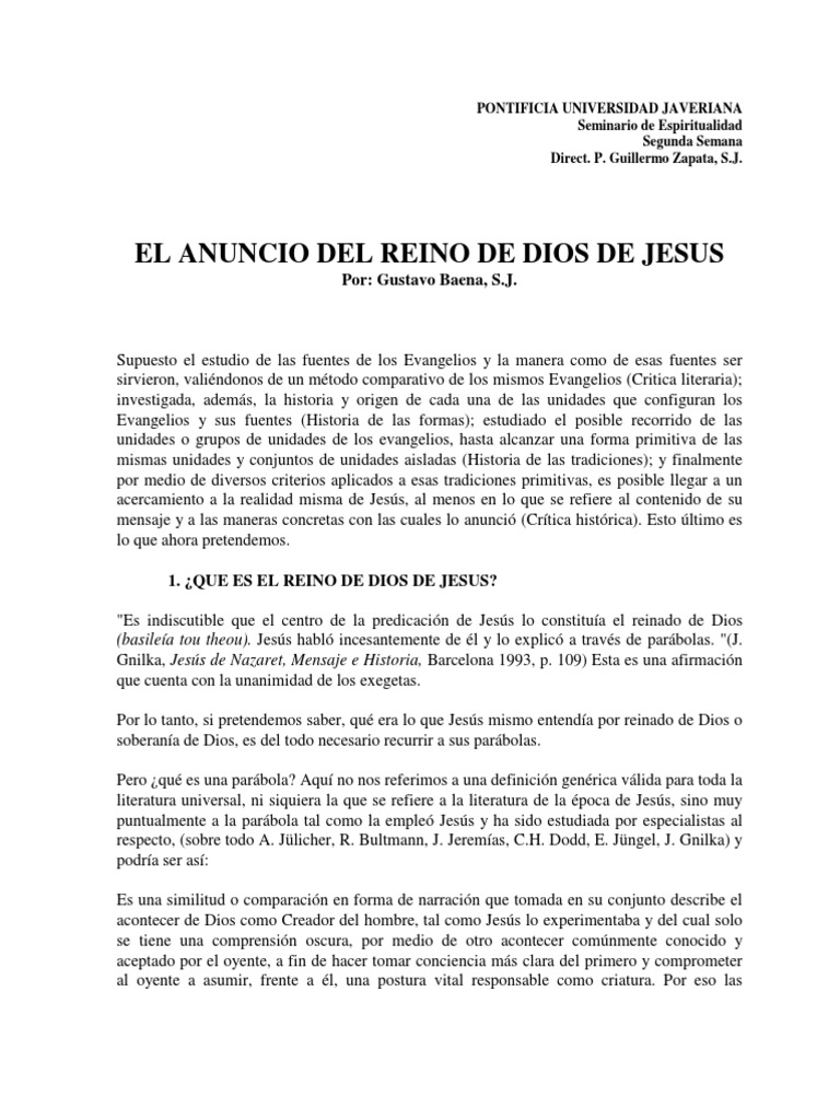 BAENA, Gustavo - El Anuncio Del Reino de Dios de Jesús | PDF | La ...