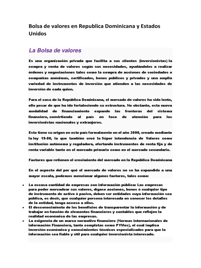 Bolsa de Valores en Republica Dominicana y Estados Unidos | PDF | Bolsa ...