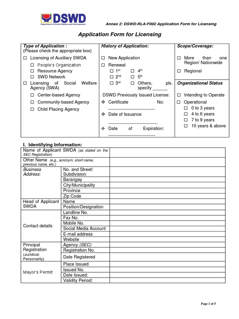 Annex 2. DSWDRLAF002 Application Form Licensing (041719) Identity