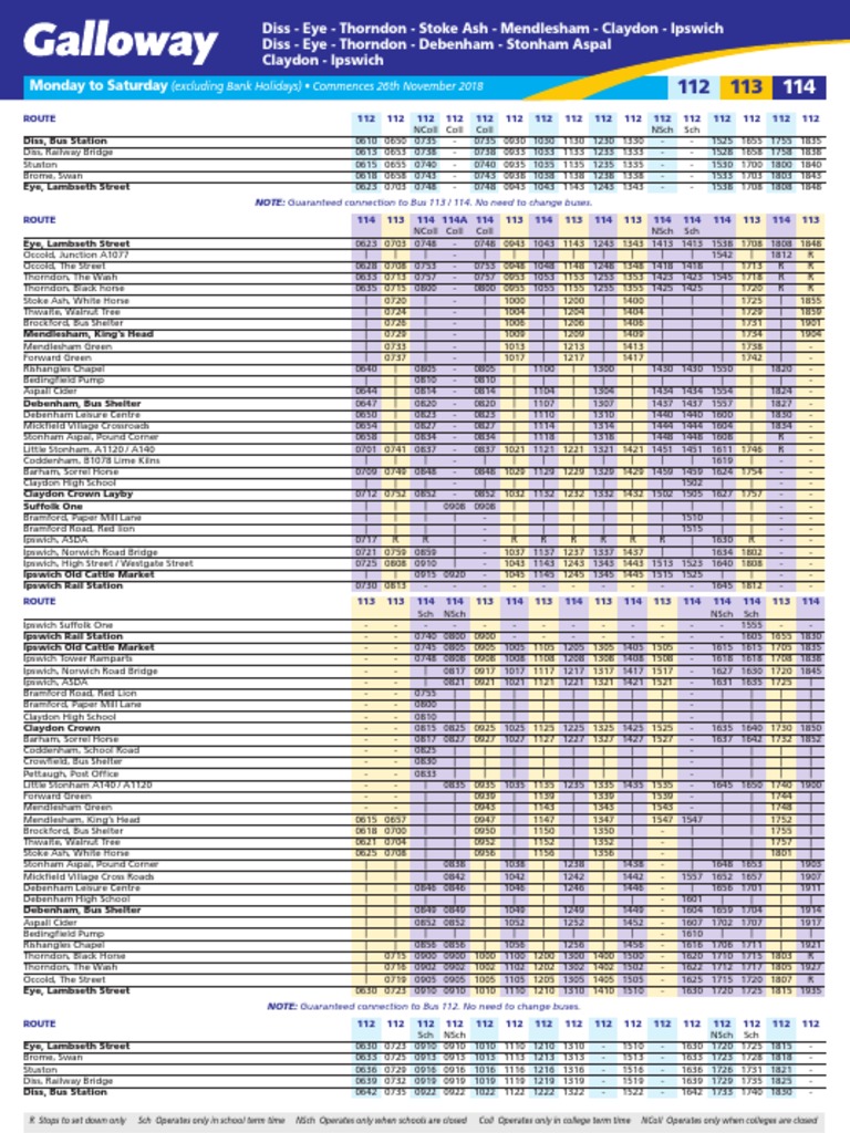 Bus timetable for routes between Diss, Eye, Thorndon, Stoke Ash