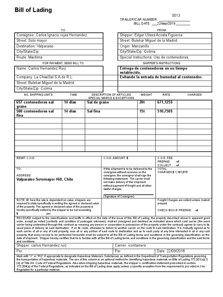 Blank Bill of Lading Form | PDF | Cargo | Bill Of Lading
