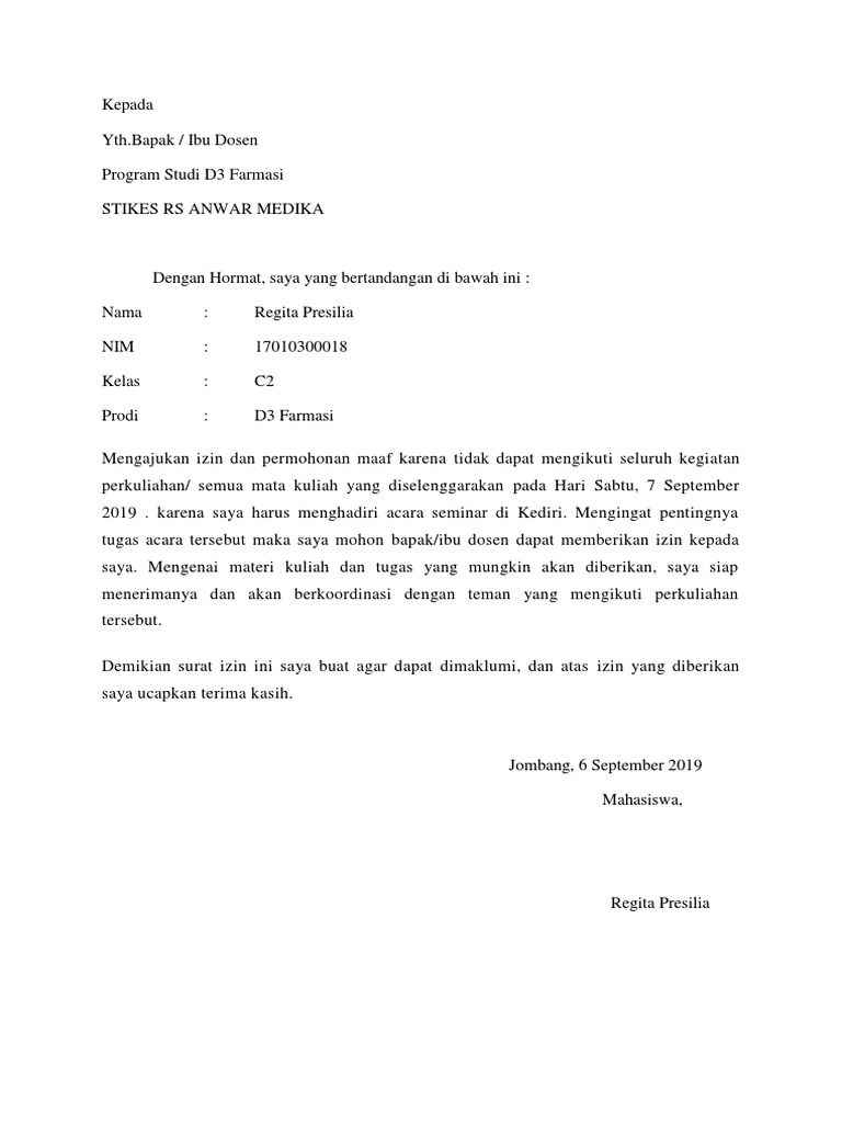 Contoh Surat Izin Tidak Masuk Kuliah