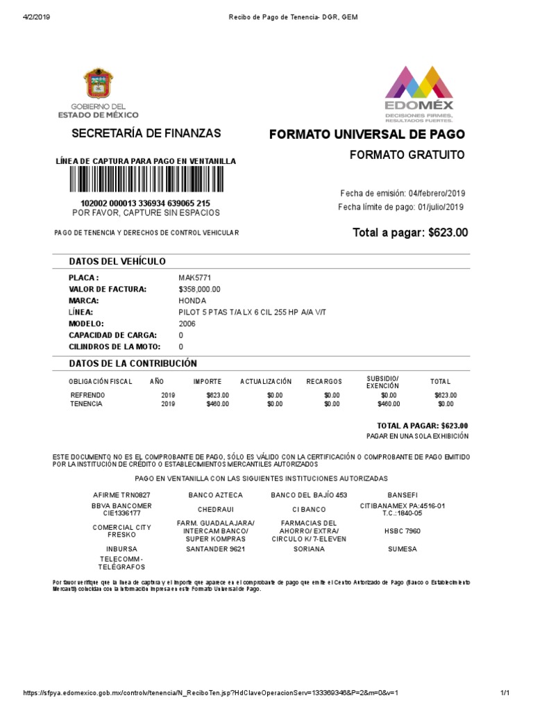Modelo Pago de Tenencia PDF Bancario Bancos