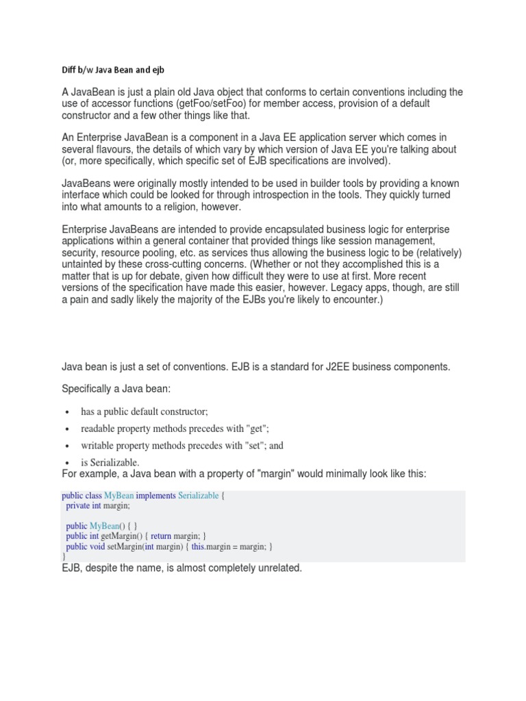 Diff B/W Java Bean and Ejb Mybean Serializable PDF Enterprise Java