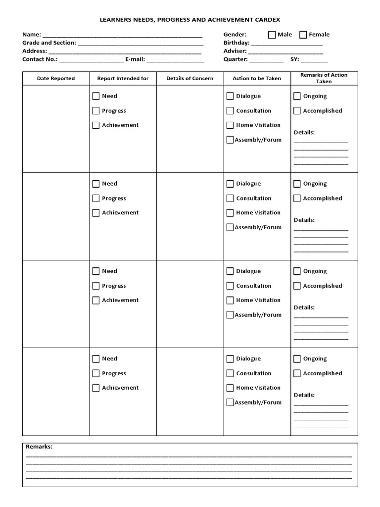Learners Needs Progress and Achievement Cardex PDF Parent