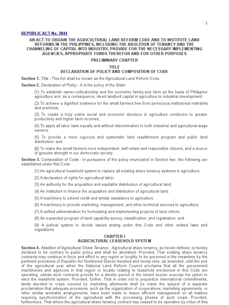 Republic Act No. 3844 | PDF | Lease | Leasehold Estate