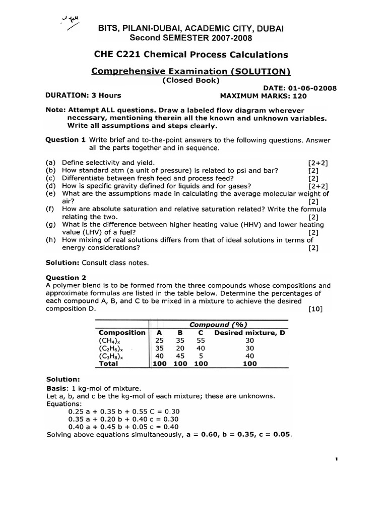 Chemical Process Calculations Exam Solutions | PDF | Silicon | Humidity