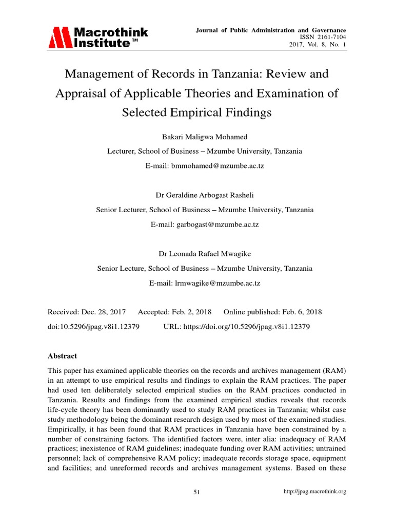 Management of Records in Tanzania Review and Appra PDF Records