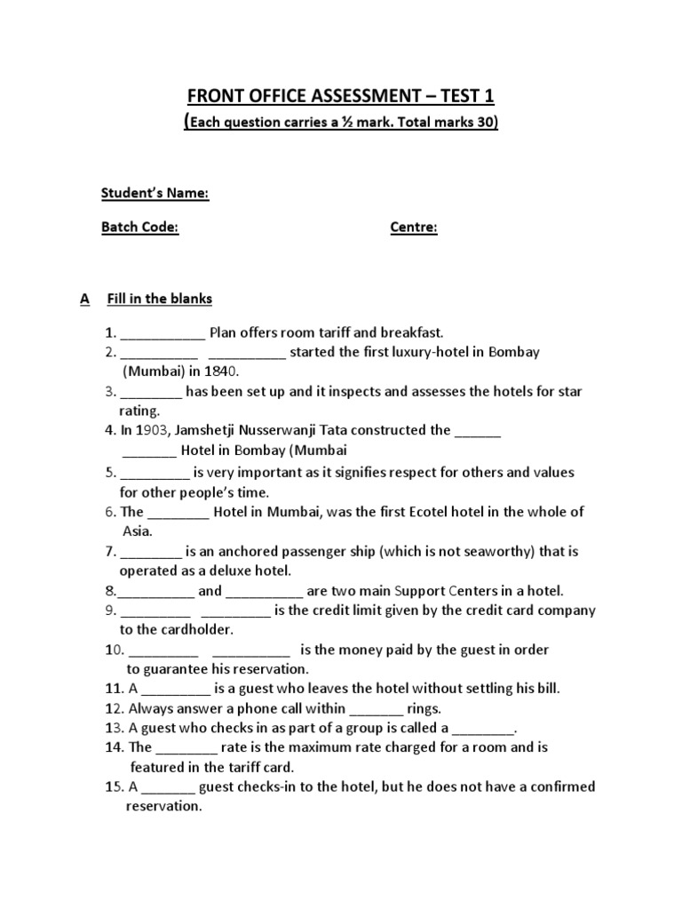 Front Office Assessment Test 1 Student PDF Hotel Credit Card