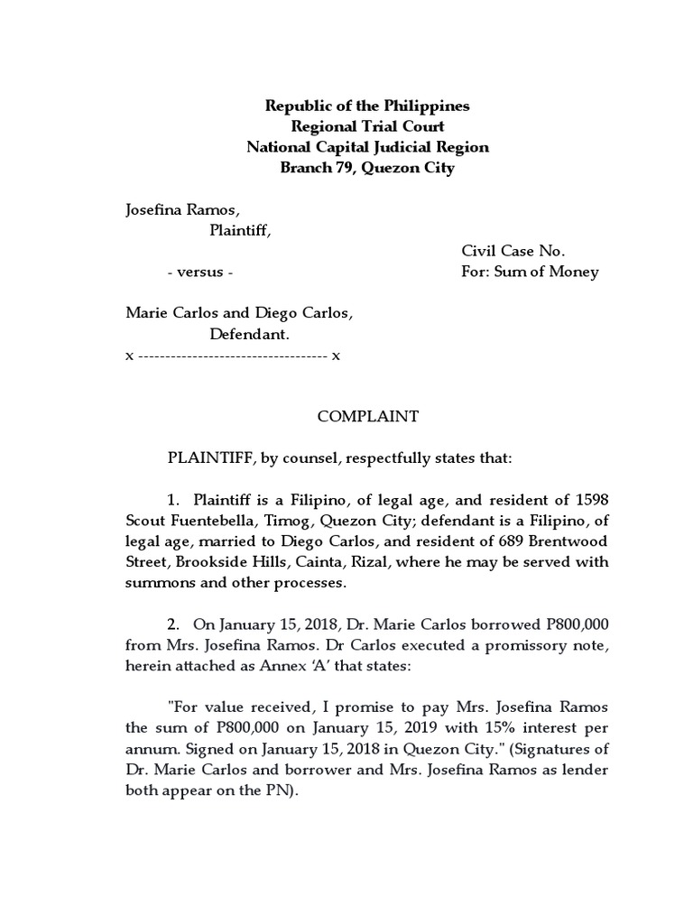 (Uy - G04) Seatwork 1 Complaint For Sum of Money | PDF | Promissory ...