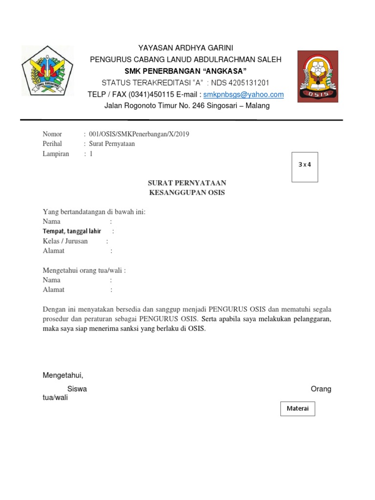 Surat Pernyataan Osis Docx