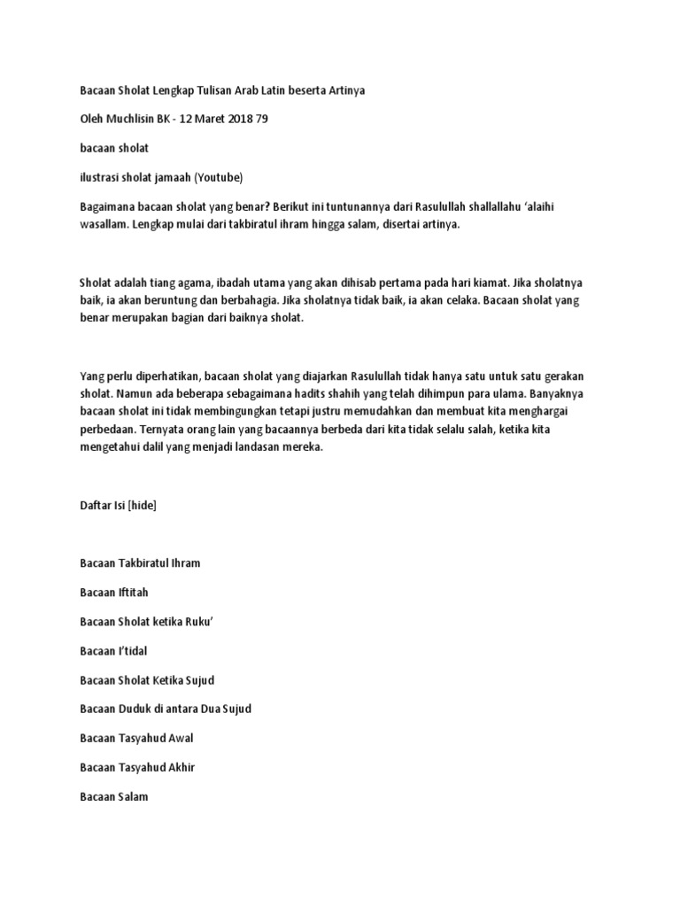 Bacaan Sholat Lengkap Tulisan Arab Latin Beserta Artinya Docx