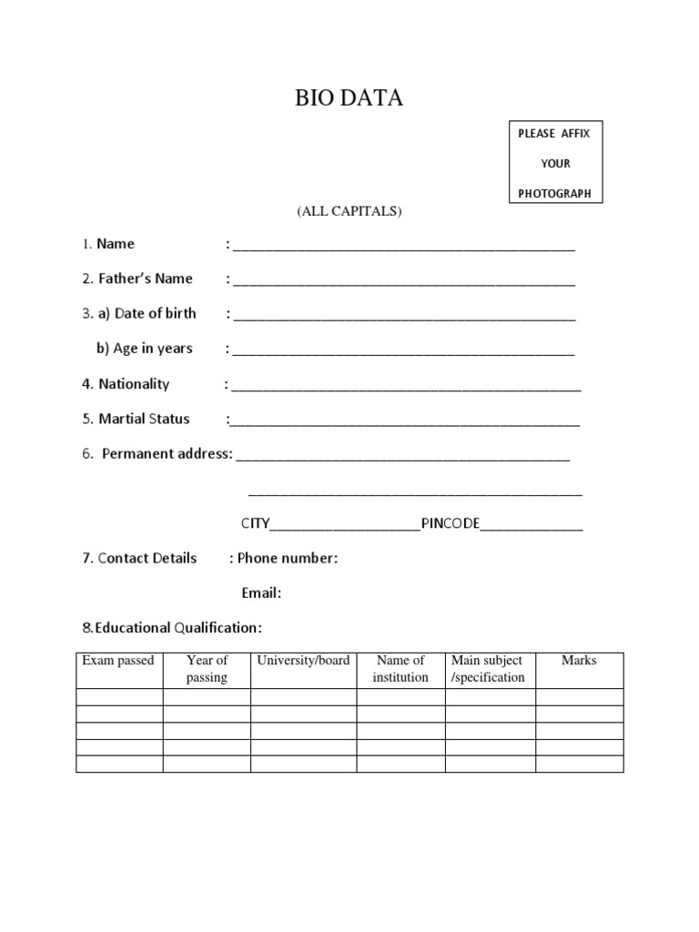 Comprehensive Bio Data Template | PDF