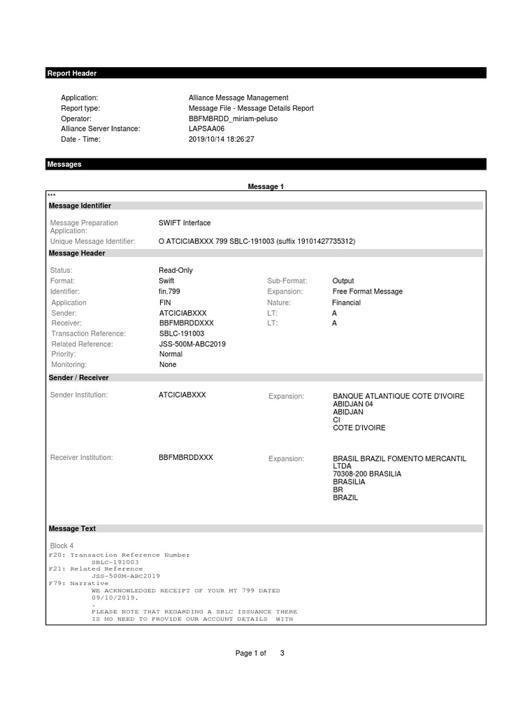 MT799 SWIFT Message Details Report | PDF | Information Technology ...