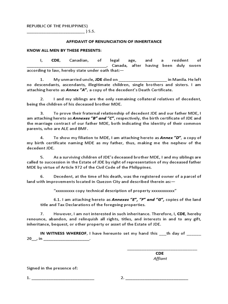 Affidavit of Renunciation of Inheritance | PDF | Affidavit | Government ...