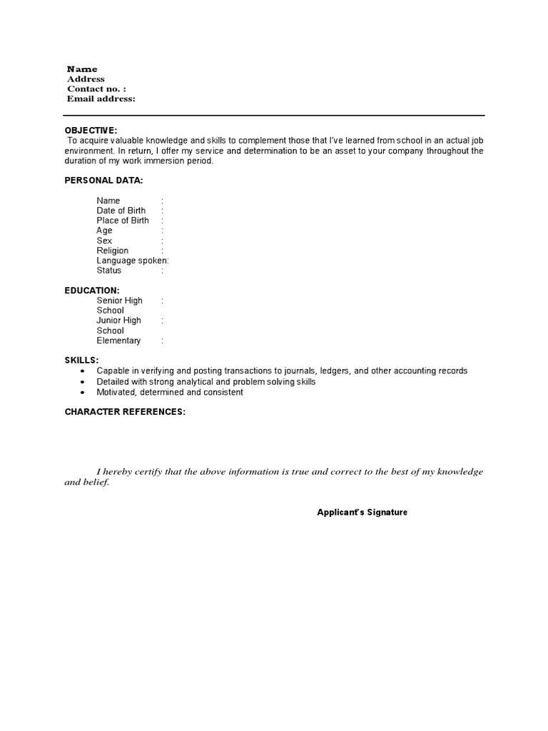 Work Immersion Resume Sample