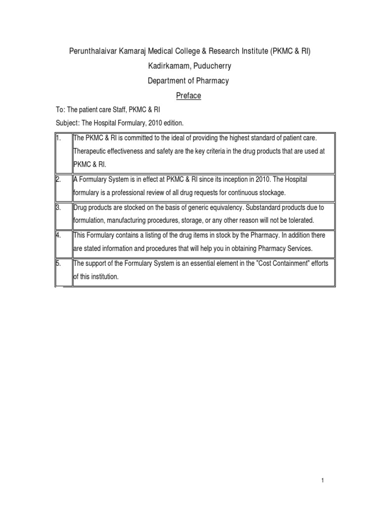 PKMC & RI Hospital Formulary 2010 | PDF | Pharmacy | Medical Prescription