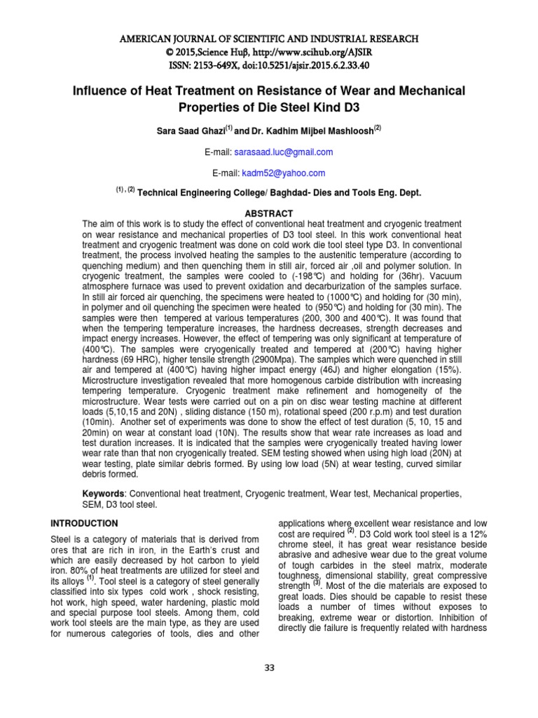 Influence of Heat Treatment On Resistance of Wear and Mechanical