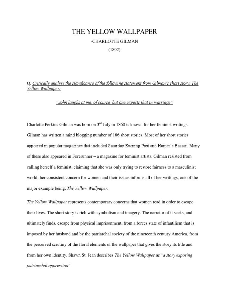 The Yellow Wallpaper PDF The Yellow Wallpaper Gender