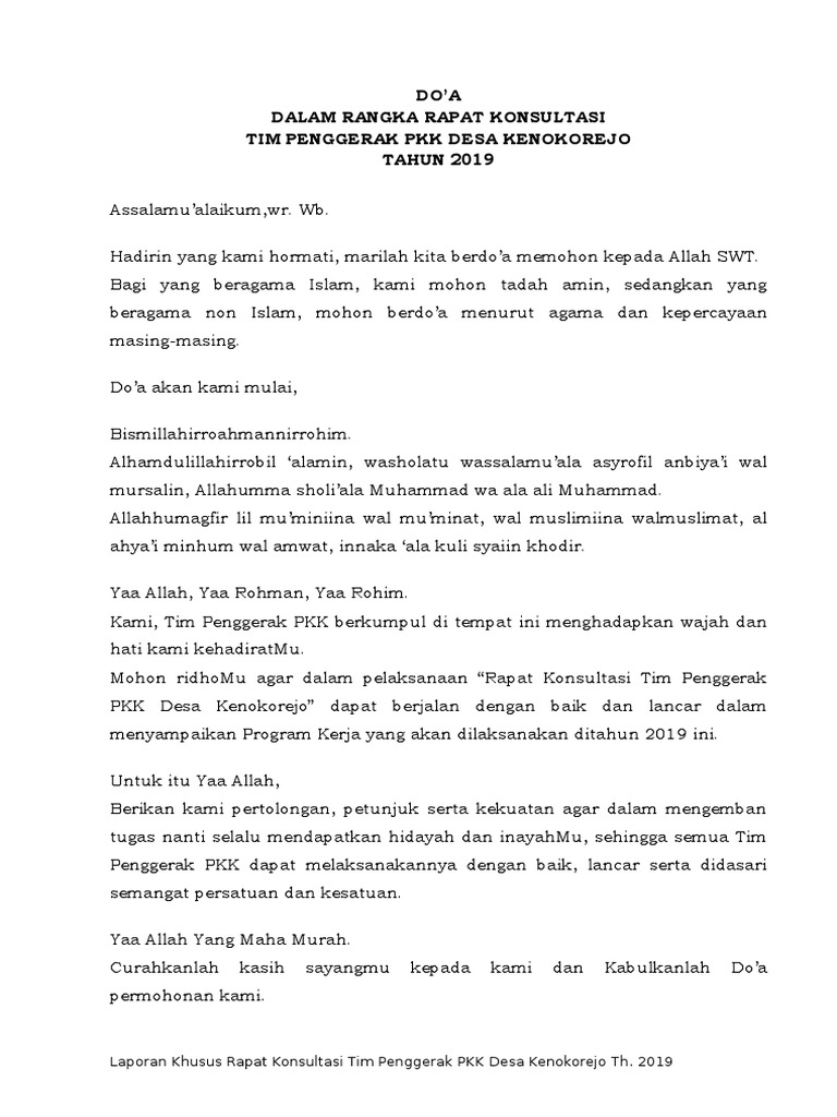 Doa Rapat PKK Desa Kenokorejo 2019 | PDF