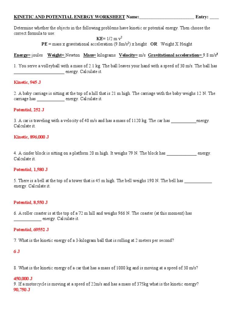 Pe And Ke Practice Key Weight Kinetic Energy