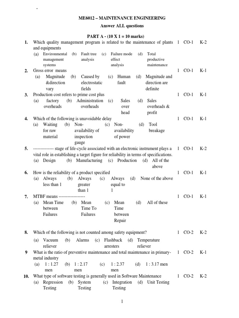 Maintenance Engineering Answers to Questions on Maintenance Concepts