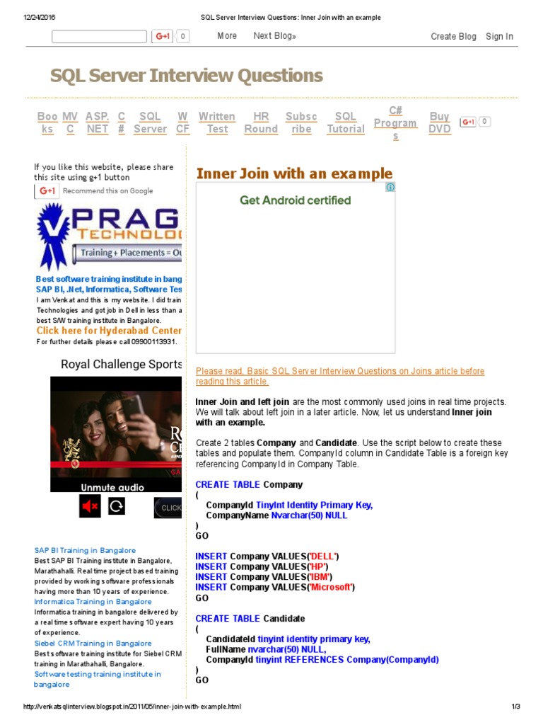SQL Server Interview Questions - Inner Join With An Example | PDF | Sql ...