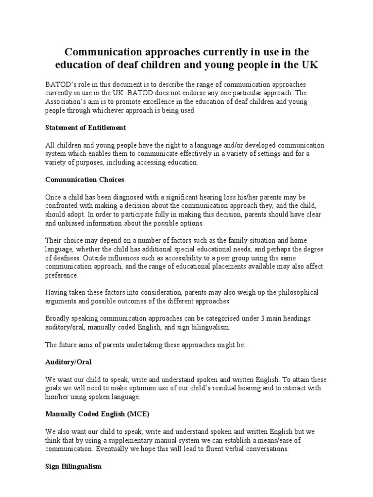 Communication Approaches for Deaf Education | PDF | Sign Language | Speech