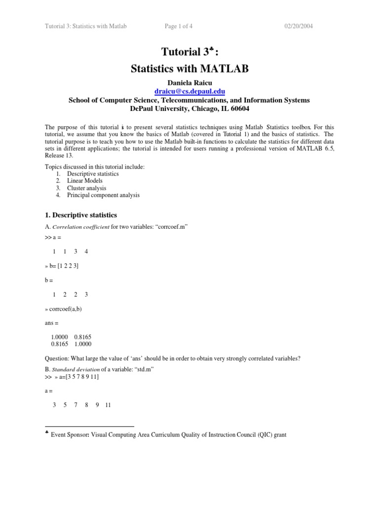 Tutorial 3: Statistics With MATLAB | PDF | Matlab | Principal Component ...