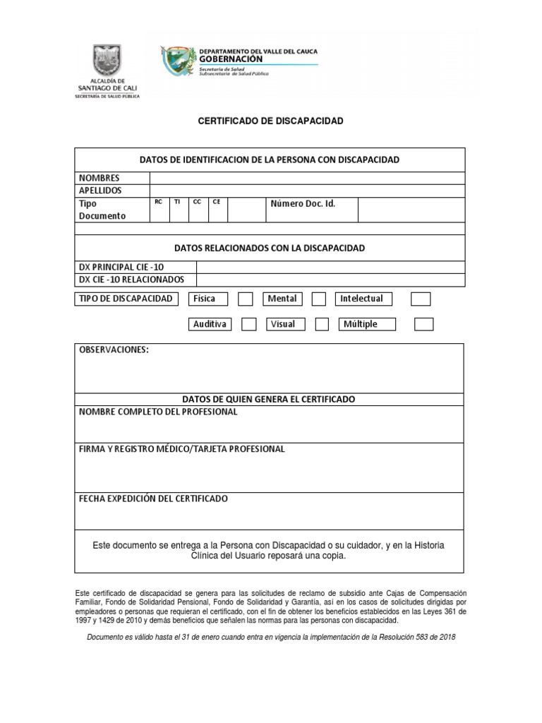 Formato de Certificado de Discapacidad | PDF | Invalidez | Pensión