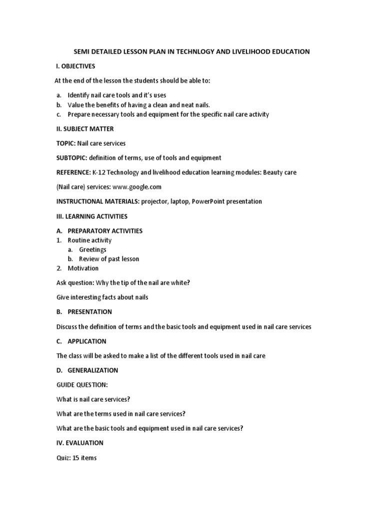 Semi Detailed Lesson Plan in Technlogy and Livelihood Education, Nail