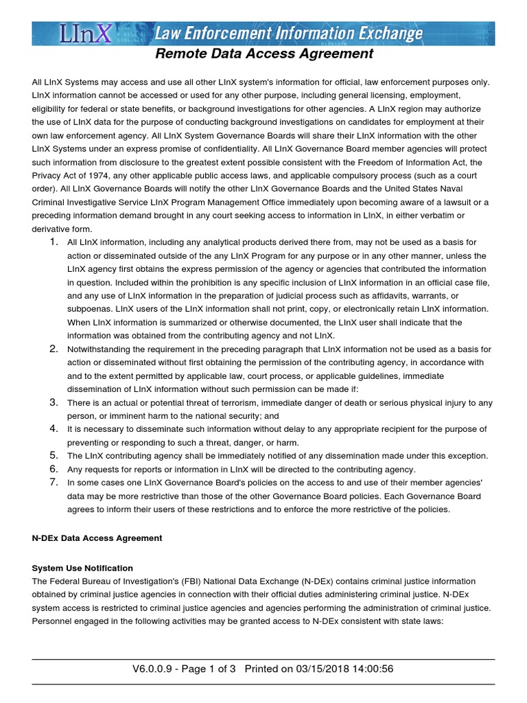 LINX Remote Access Agreement PDF Background Check Federal Bureau