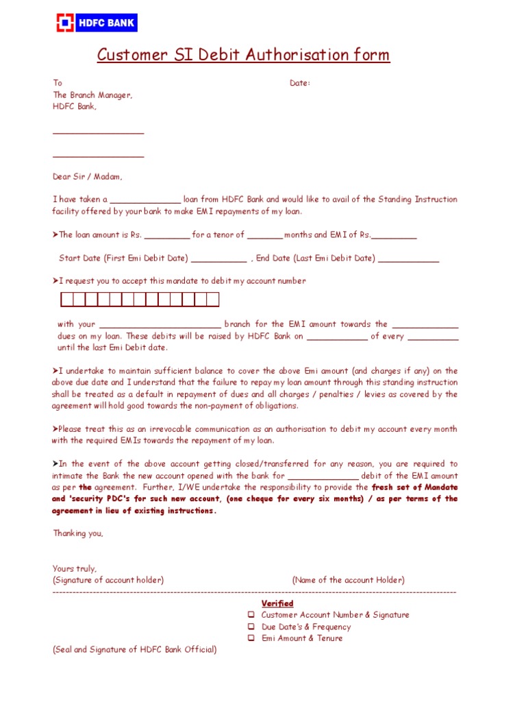 HDFC Bank SI Debit Authorisation Form | PDF | Finance & Money ...