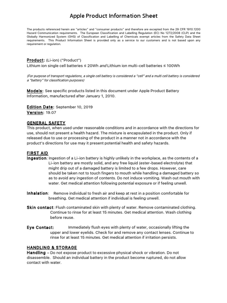 Apple Product Information Sheet Steve Jobs Apple Inc. Hardware