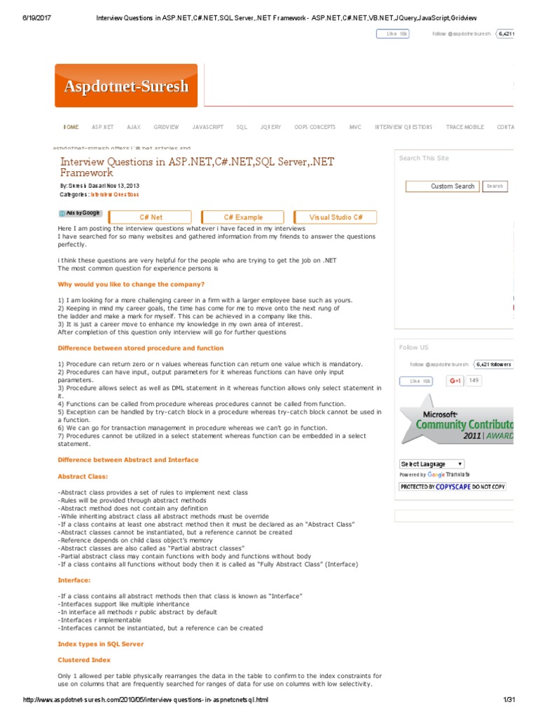 Interview Questions in ASP - NET, C#.NET, SQL Server,.NET Framework