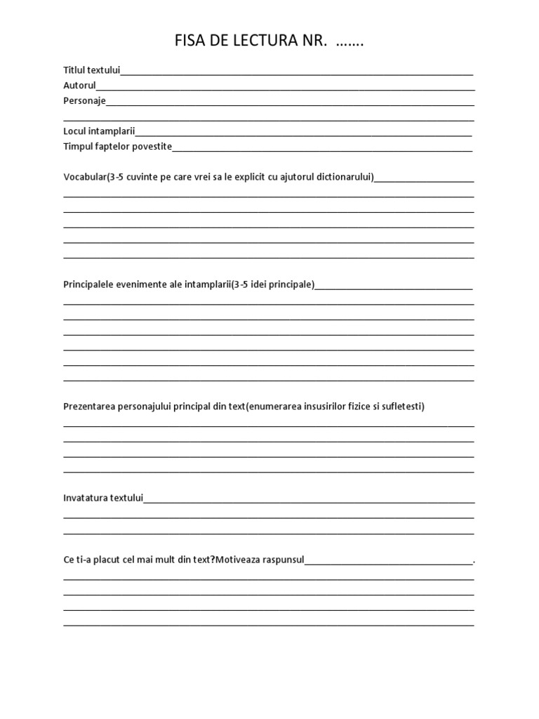 Model Fisa De Lectura Clasa A 4 A Fisa de Lectura Tip | PDF