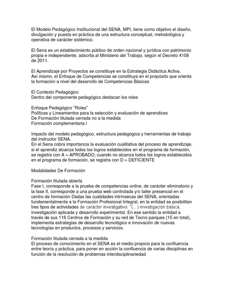 Modelo Pedagógico Institucional del SENA | PDF | Crecimiento personal y ...