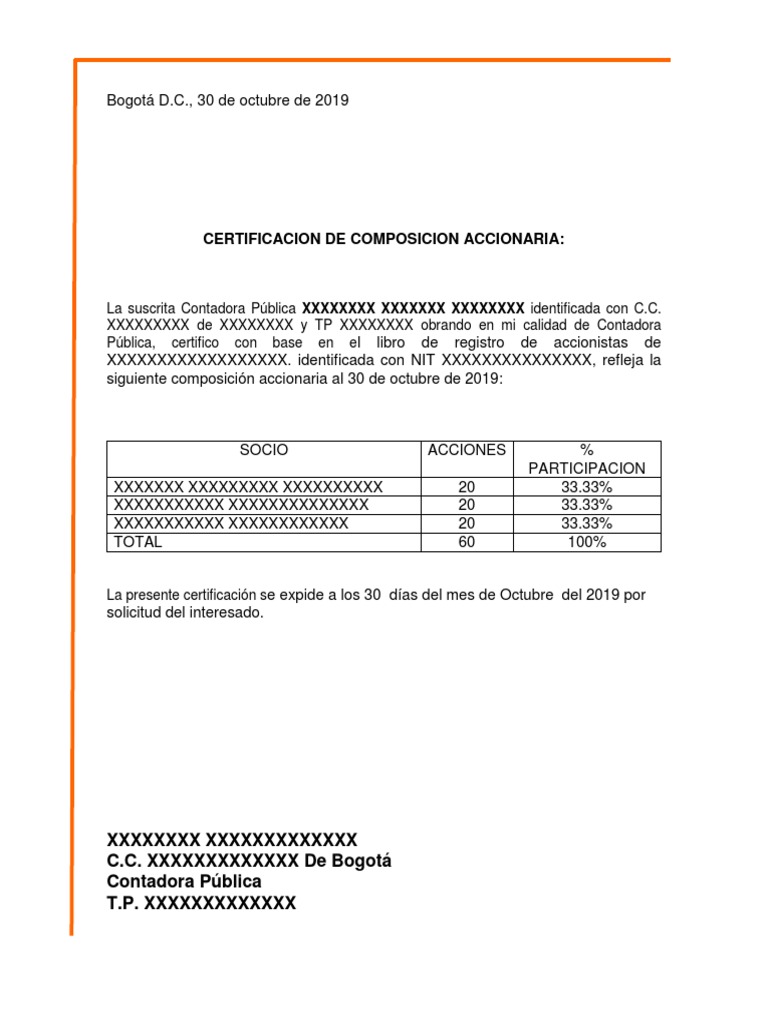 Modelo Certificacion Composicion Accionaria | PDF