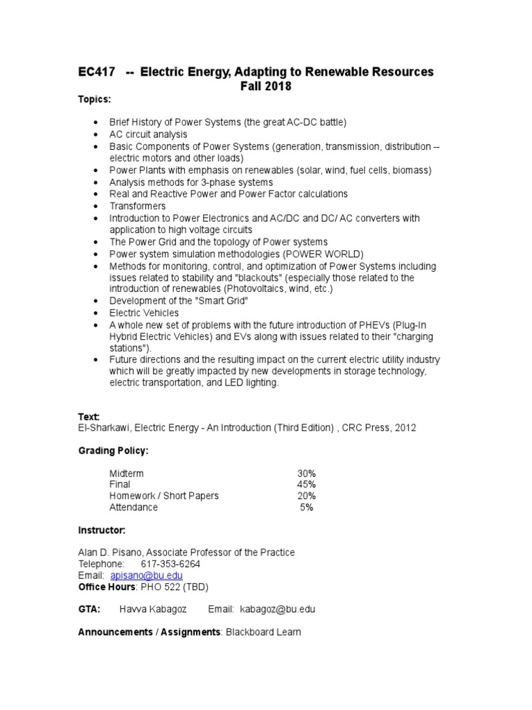 EC417 Syllabus PDF Electric Power System Electric Power
