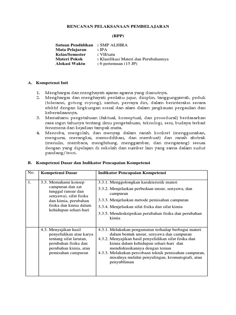 3 Rpp Klasifikasi Materi Dan Perubahannya