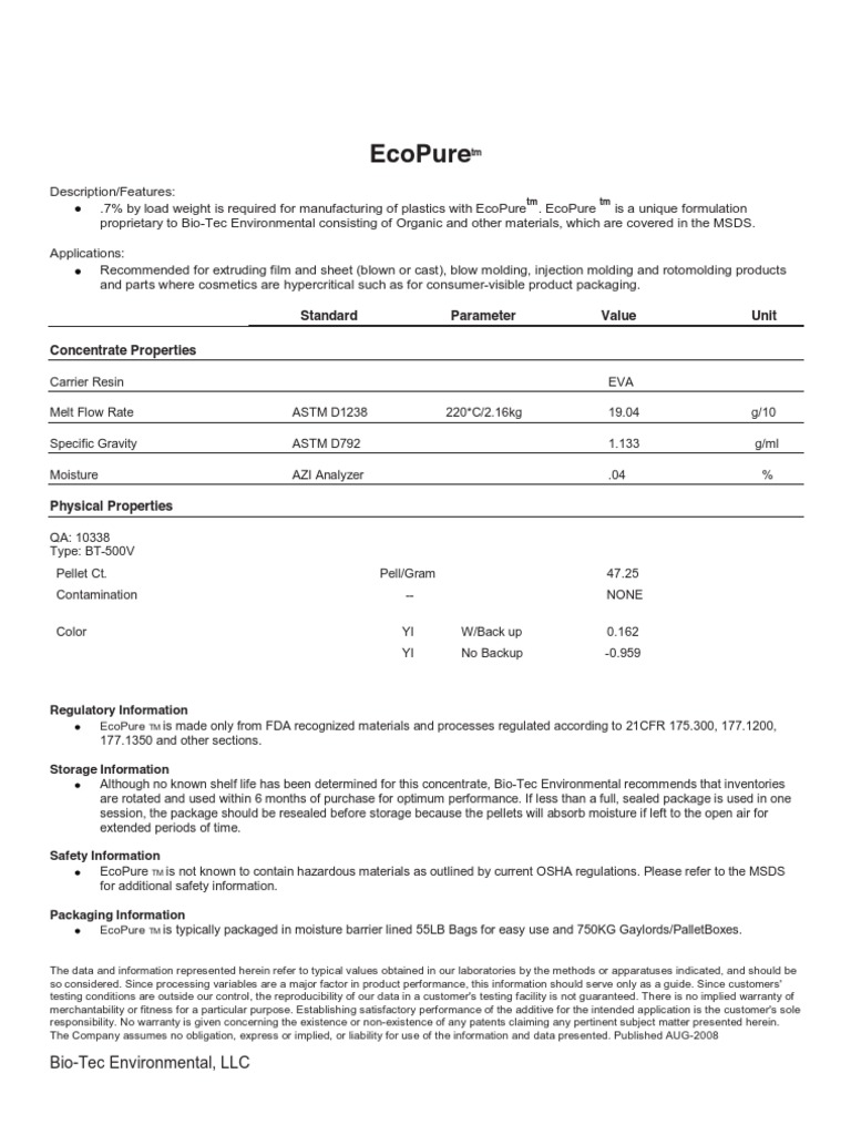 Ecopure: Standard Parameter Value Unit Concentrate Properties | PDF ...