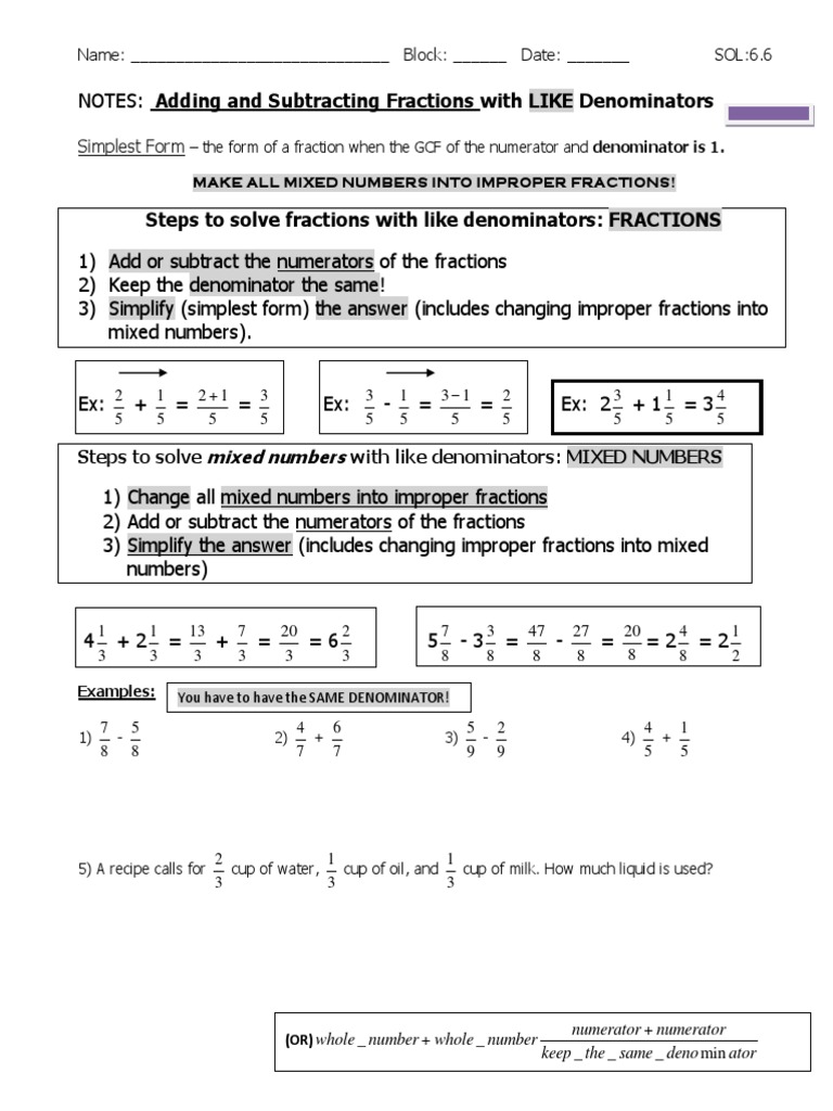 Add and Subtract Fractions Notes Like and Unlike | PDF | Fraction ...
