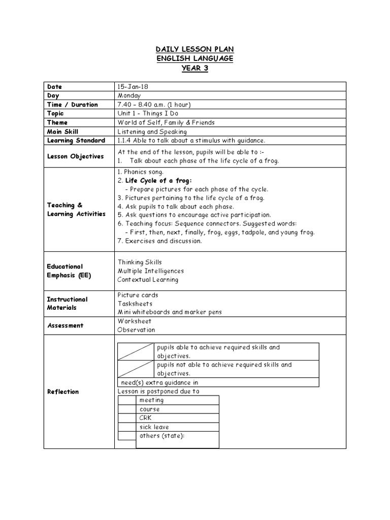 Daily Lesson Plan English Language Year 3 | PDF