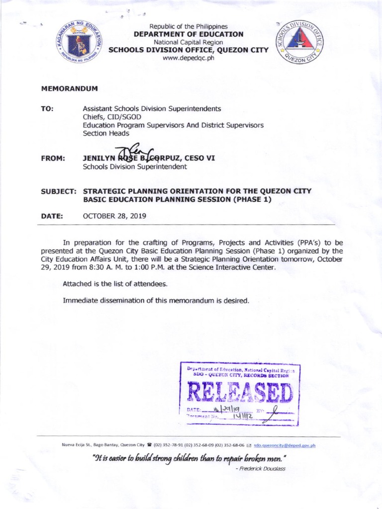 Strategic Planning Orientation For The Quezon City Basic Education