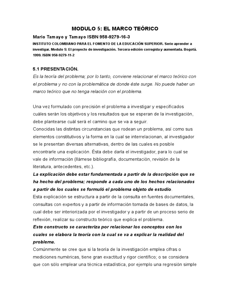 Modulo 5 El Marco Teórico Mario Tamayo y Tamayo ISBN 958