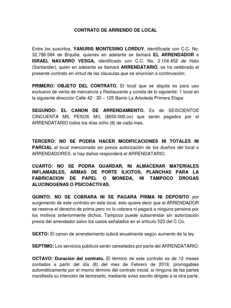 Contrato de arrendamiento colombia pdf