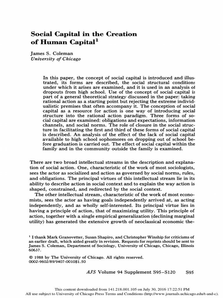 Social Capital in The Reation of Human Capital | PDF | Social Capital ...