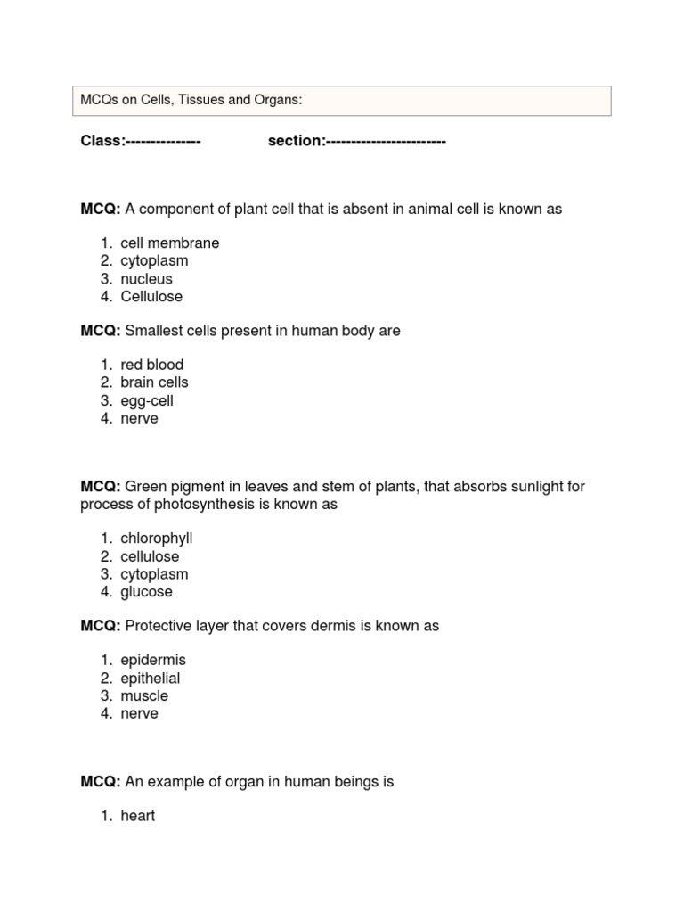 Mcqs On Cells, Tissues and Organs:: Answer B | PDF | Tissue (Biology) | Cell  (Biology)