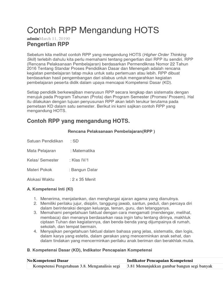 Contoh Rpp Mengandung Hots Sd Pdf